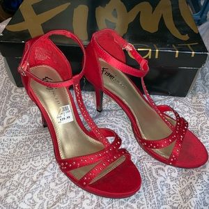 Red and gold strappy studded heels